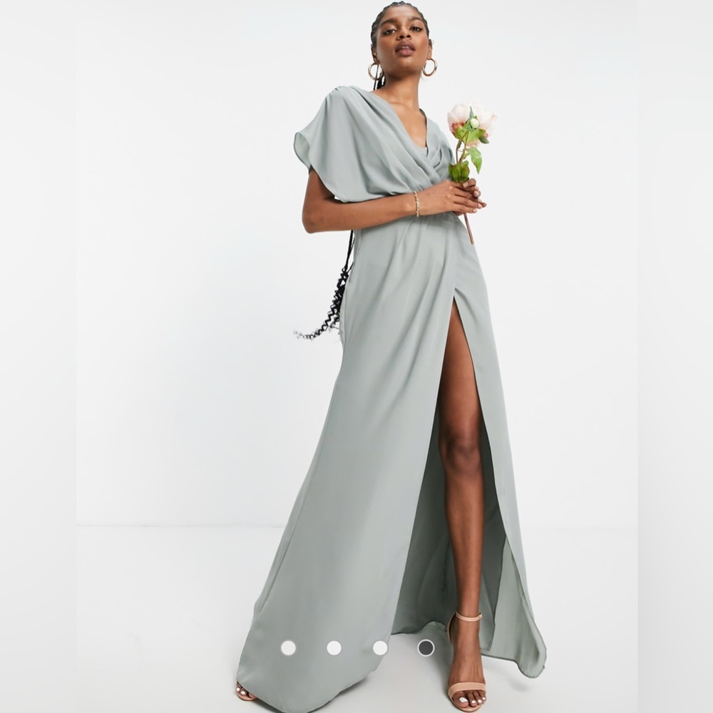 Bridesmaid Short Sleeved Cowl Front Maxi Dress With Button Back Detail- olive